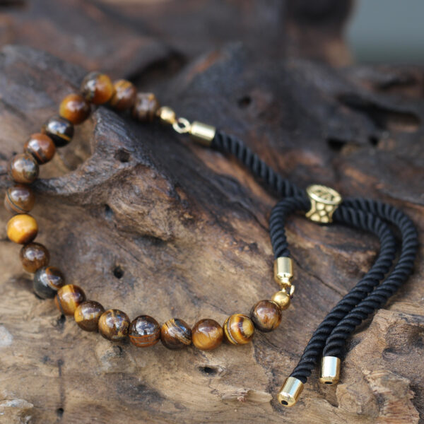 Bracelet à cordon noir avec pierres précieuses plaquées or 18 carats - Oeil de Tigre- Vendu par 1 – Image 4