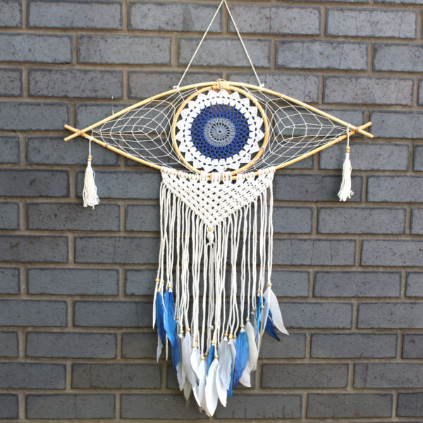Protection Dream Cather - Lrg Macrame Eye Blanc/ Bleu/Gris- Vendu par 1