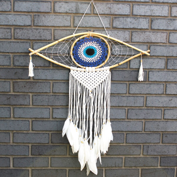Protection Dream Cather - Lrg Macramé Evil Eye Bleu/Blanc/Noir- Vendu par 1