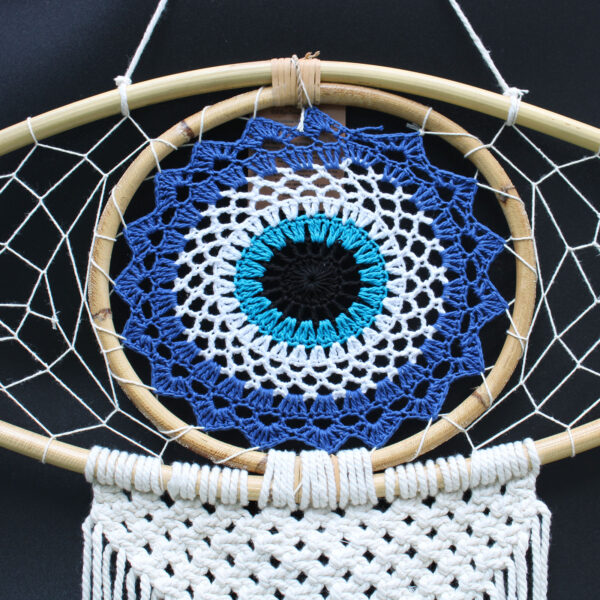 Protection Dream Cather - Lrg Macramé Evil Eye Bleu/Blanc/Noir- Vendu par 1 – Image 2