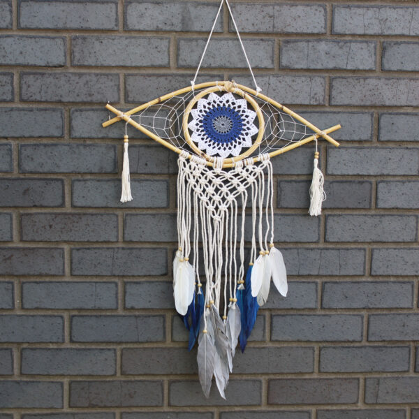 Protection Dream Cather - Med Macrame Eye Blanc/ Bleu/Gris- Vendu par 1