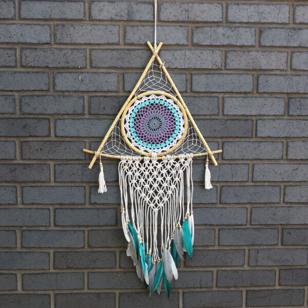Protection Dream Cather - Lrg Pyramide Macramé Blanc/Turquoise- Vendu par 1