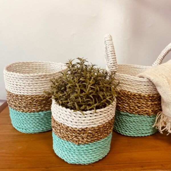 Ensemble de paniers en jonc de mer - Vert / Naturel / Blanc- Vendu par 1 – Image 4
