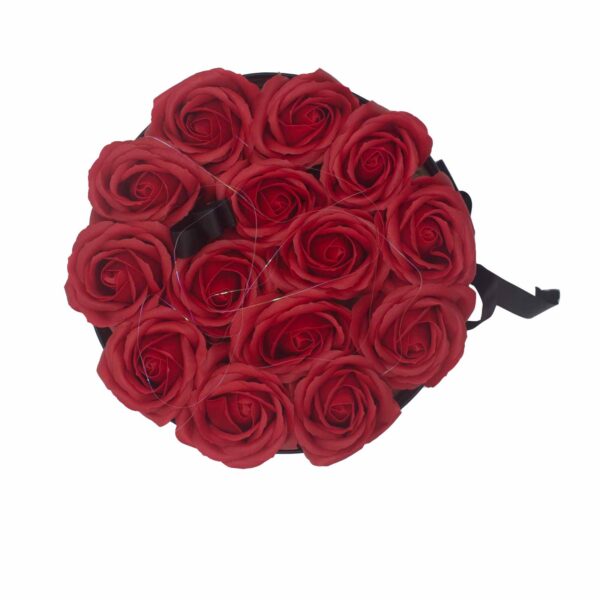 Bouquet cadeau de fleurs de savon - 14 roses rouges - Rond- Vendu par 1 – Image 3