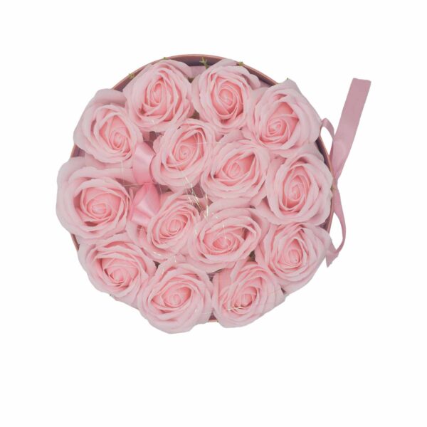 Bouquet cadeau de fleurs de savon - 14 roses roses - Rond- Vendu par 1 – Image 3