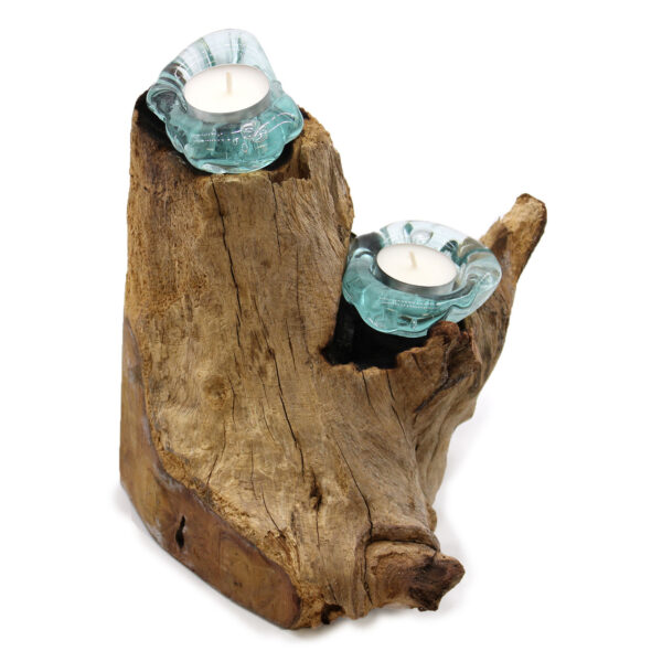 Porte-bougie double en verre Molton sur bois- Vendu par 1 – Image 4