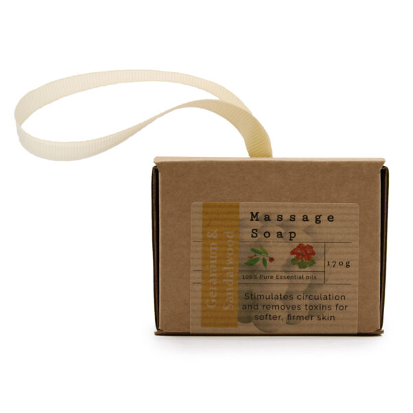 Savons de massage uniques en boîte - Géranium et bois de santal- Vendu par 1