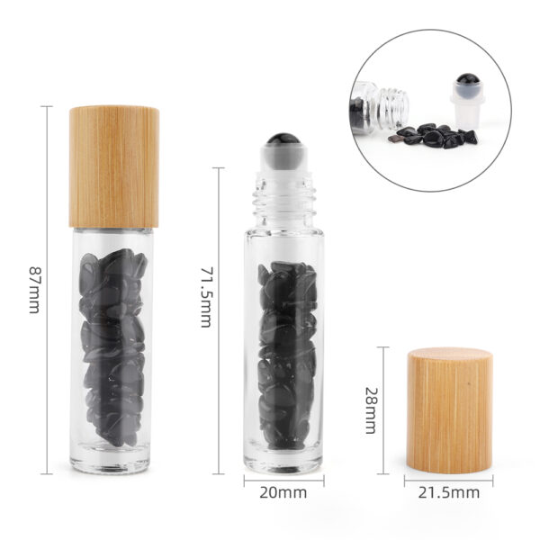 Bouteille à rouleau dhuile essentielle de pierre précieuse - Tourmaline noire - Bouchon en bois + embout à rouleau de pierre précieuse pour bouteille de 5 ml - Tourmaline noire- Vendu par 1 – Image 2