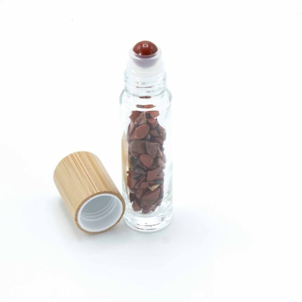 Bouteille à rouleau d'huile essentielle de pierre précieuse - Jaspe rouge - Bouchon en bois + embout à rouleau de pierre précieuse pour bouteille de 5 ml - Jaspe rouge- Vendu par 1