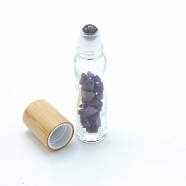 Bouteille à rouleau d'huile essentielle de pierre précieuse - Améthyste - Bouchon en bois + embout à rouleau de pierre précieuse pour bouteille de 5 ml - Améthyste- Vendu par 1