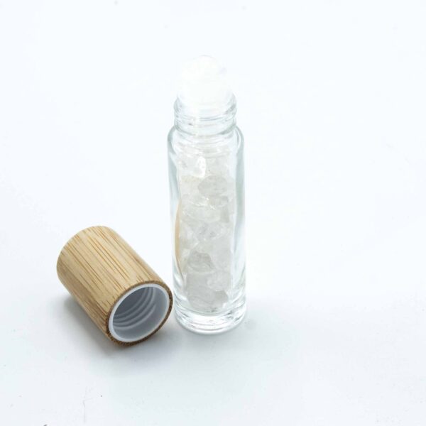 Bouteille à rouleau d'huile essentielle de pierre précieuse - Quartz de roche - Bouchon en bois + embout à rouleau de pierre précieuse pour bouteille de 5 ml - Quartz de roche- Vendu par 1