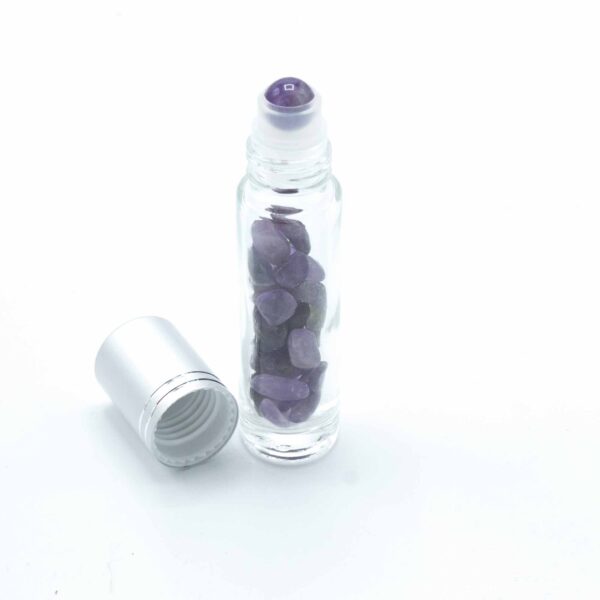 Bouteille à rouleau d'huile essentielle de pierre précieuse - Améthyste - Bouchon argenté + embout à rouleau de pierre précieuse pour bouteille de 5 ml - Améthyste- Vendu par 1