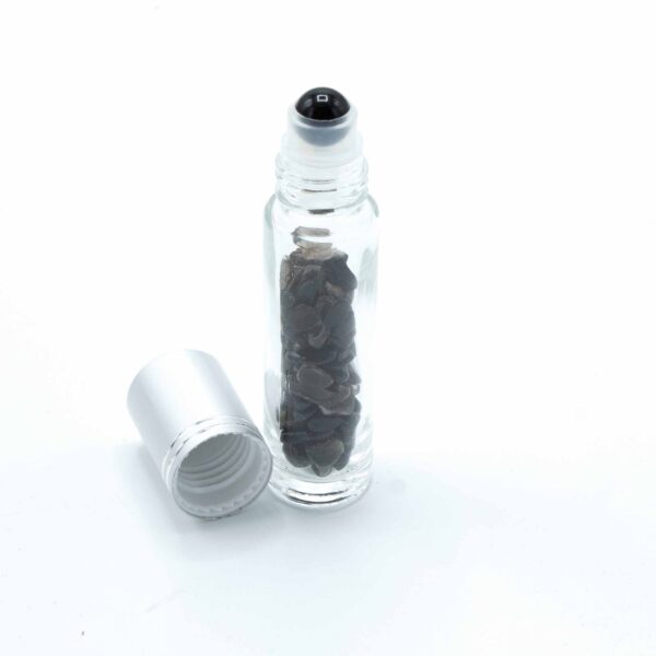 Bouteille à rouleau d'huile essentielle de pierre précieuse - Tourmaline noire - Bouchon argenté + embout à rouleau de pierre précieuse pour bouteille de 5 ml - Tourmaline noire- Vendu par 1