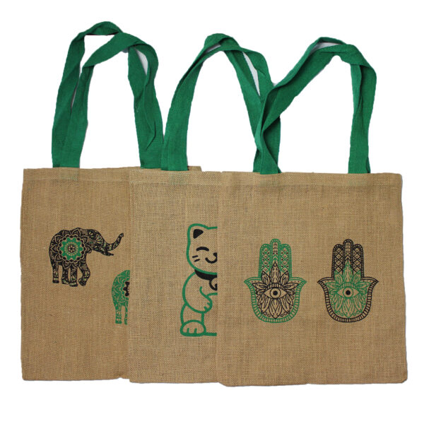 Grand sac fourre-tout en jute - Dessins mystiques - Mandala Elephant- Vendu par 1 – Image 2