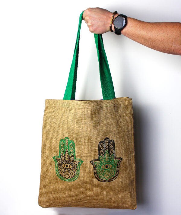 Grand sac fourre-tout en jute Mystic Designs - Hamsa- Vendu par 1 – Image 2