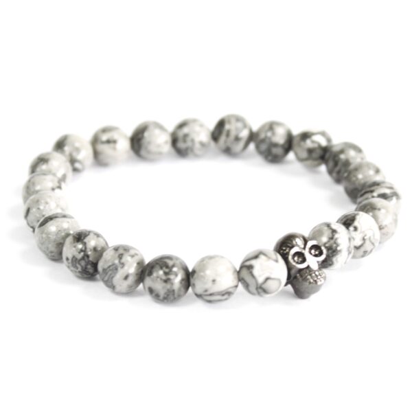Crâne en étain / Agate grise - Bracelet de pierres précieuses- Vendu par 1