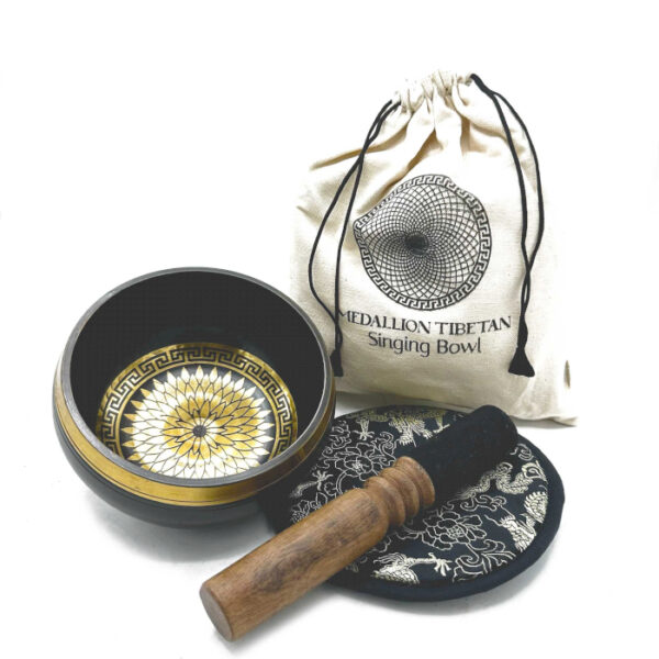 Coffret cadeau bol chantant battu et gravé à la main - 14 cm - Médaillons ronds- Vendu par 1