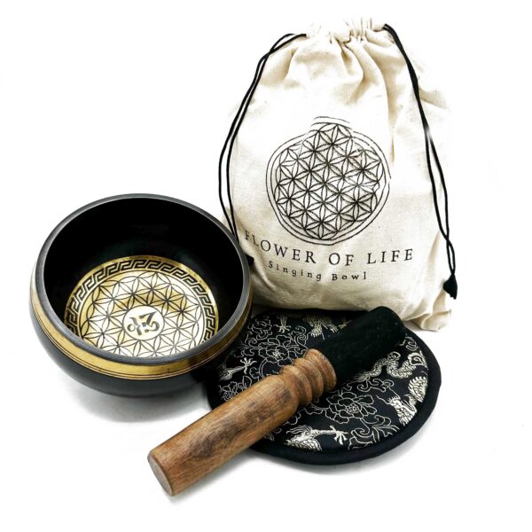 Coffret cadeau bol chantant battu et gravé à la main - 14 cm - Fleur de vie- Vendu par 1