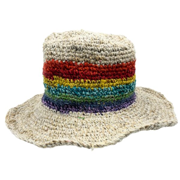 Chapeau de festival Boho en chanvre et coton tricoté à la main - Arc-en-ciel- Vendu par 1