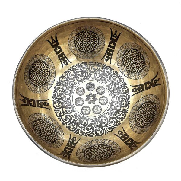 Bol Gravé de Guérison Tibétain - 21 cm - 7 Chakras & Fleur de Vie- Vendu par 1 – Image 2