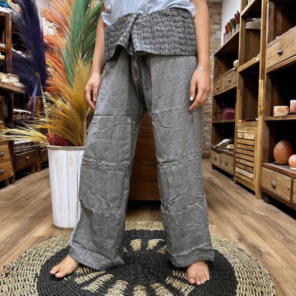 Pantalons de yoga et de festival - Mantra de mandala de pêcheur thaïlandais sur gris- Vendu par 1 – Image 4