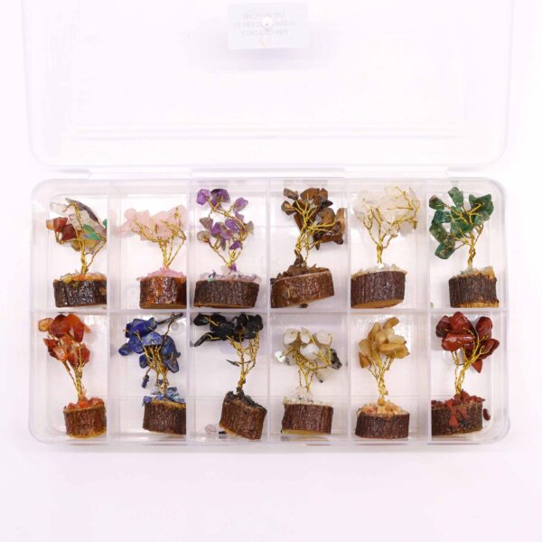 Boîte de 12 mini arbres de pierres précieuses sur socle en bois - Mélange assorti (15 pierres)- Vendu par 1 – Image 2