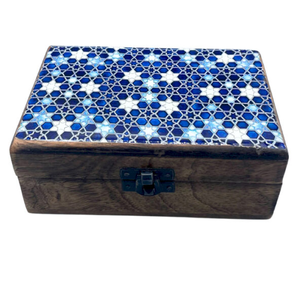 Boîte Moyenne en Bois Verni en Céramique - 15x10x6cm - Étoiles Bleues- Vendu par 1
