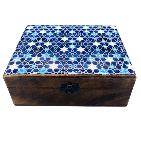 Grande Boîte en Bois Verni en Céramique - 20x15x7,5cm - Étoiles Bleues- Vendu par 1