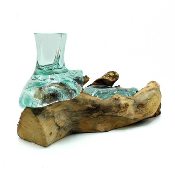 Petit vase à fleurs en verre fondu et photophore sur bois- Vendu par 1