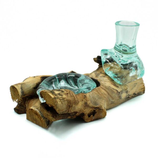 Petit vase à fleurs en verre fondu et photophore sur bois- Vendu par 1 – Image 2