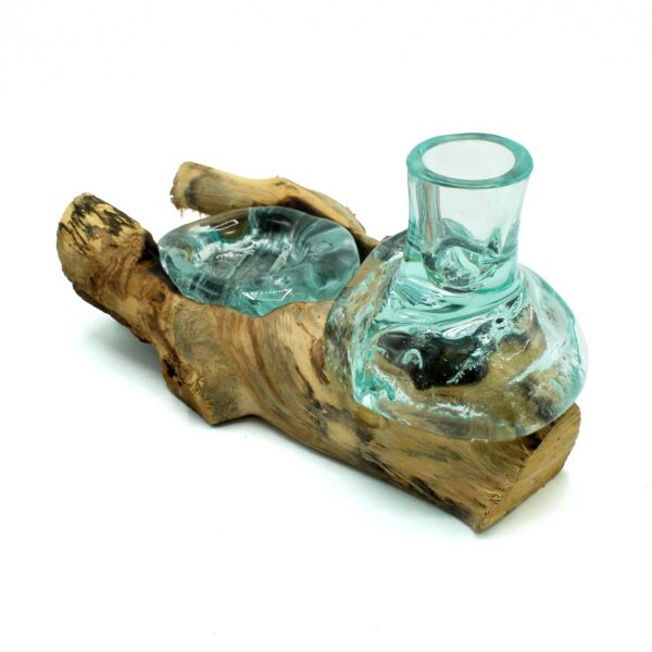 Petit vase à fleurs en verre fondu et photophore sur bois- Vendu par 1 – Image 3