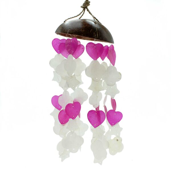 Carillons éoliens en noix de coco et Capiz - Formes mixtes roses et blanches - 35 cm- Vendu par 1