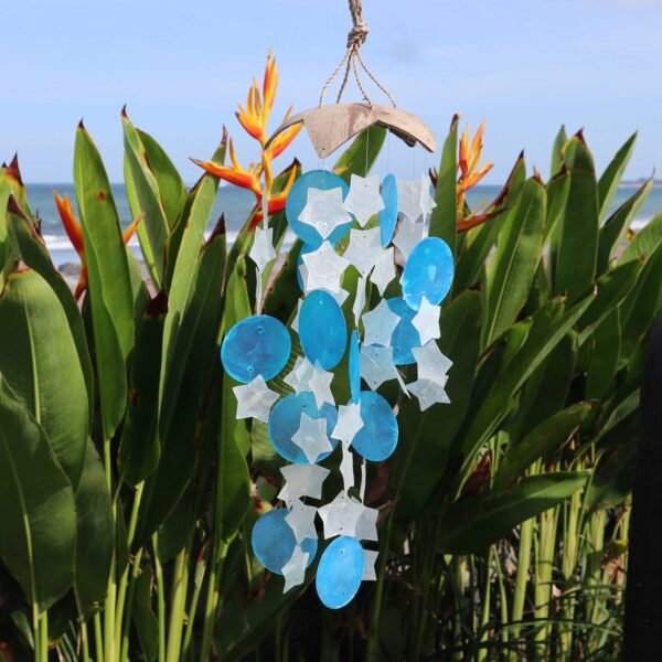 Carillons Éoliens Noix de Coco & Capiz - Étoiles Bleues et Blanches - 30 cm- Vendu par 1