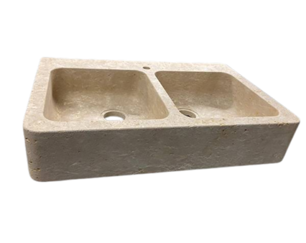 Evier en pierre Bonnieux 2 bacs - 140 x 60 x 15 - Charmot Clair Adouci - COMPTOIR DES PIERRES