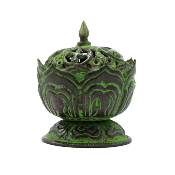 Brûleur d'encens tibétain Vert-de-gris en laiton - Petit Lotus- Vendu par 1
