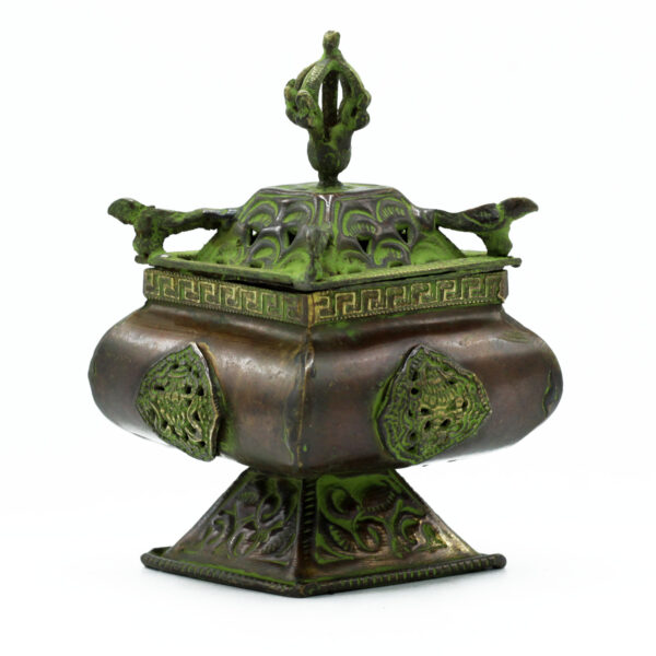Brûleur tibétain Verdigris en laiton - Pot carré sur pied à quatre symboles- Vendu par 1
