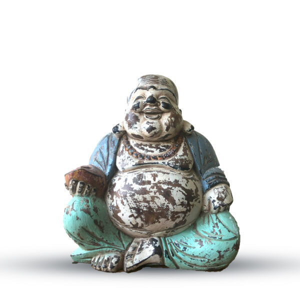 Statue de Bouddha sculptée à la main à la menthe bleue vintage - 30 cm - Happy Buddha- Vendu par 1