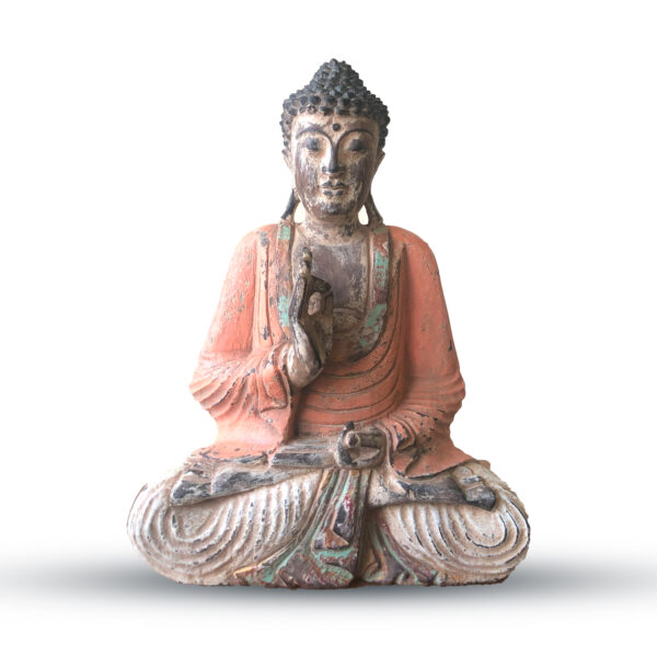 Statue de Bouddha sculptée à la main orange vintage - 40 cm - Transmission pédagogique- Vendu par 1