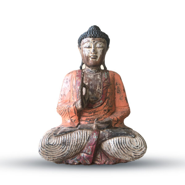 Statue de Bouddha sculptée à la main orange vintage - 60 cm - Transmission pédagogique- Vendu par 1