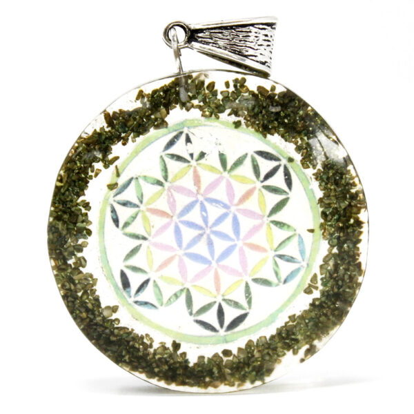 Pendentif de puissance orgonite - Mandala de pierre verte- Vendu par 1