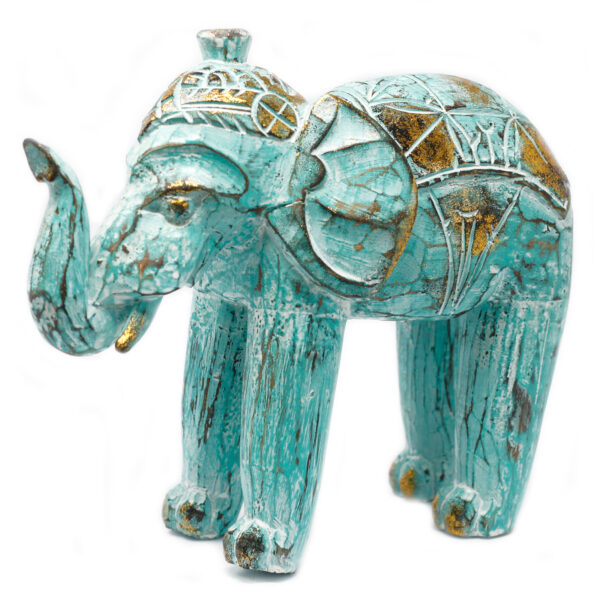 Éléphant sculpté en bois - Or turquoise- Vendu par 1
