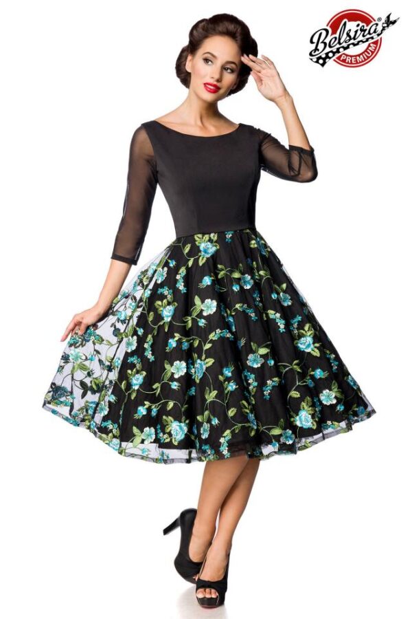 Robe trapèze vintage premium avec broderie - noir/bleu - S-Belsira