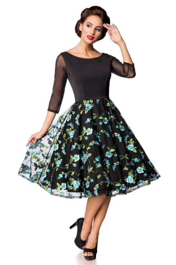 Robe trapèze vintage premium avec broderie - noir/bleu - S-Belsira – Image 2
