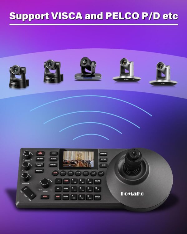 Contrôleur PTZ FoMaKo PoE NDI Contrôleur de caméra PTZ Aperçu de l'écran LCD 3", Contrôleur PTZ à joystick 4D pour l'éducation en direct du service religieux, Visca PELCO D/P RS232 RS485, Noir (KC608 Pro) - KC-608 Pro – Image 5