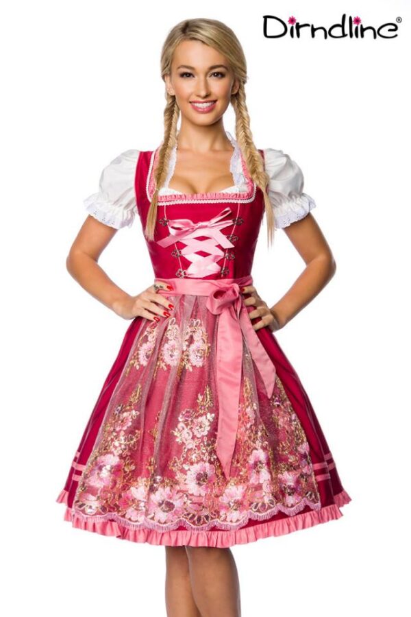 Dirndl premium avec broderie - rose/rouge - 2XL-Dirndline