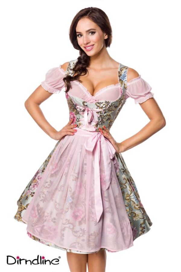 Dirndl en brocart haut de gamme avec chemisier - rose/à motif - 2XL-Dirndline
