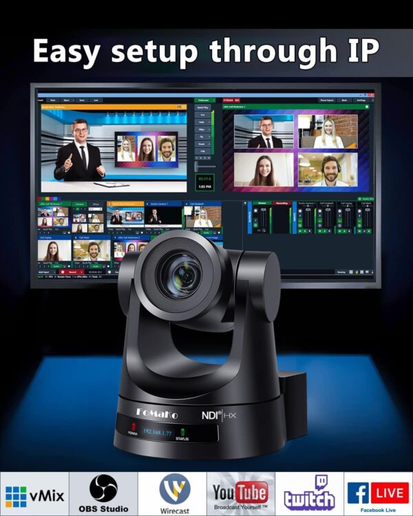 Caméra NDI FoMaKo 20X Zoom optique NDI PTZ Caméra HDMI 3G-SDI IP Caméra PTZ en direct pour les événements éducatifs de culte de l'église, PoE 1080P 60FPS (KN20A Noir) - KN20A Pro – Image 2