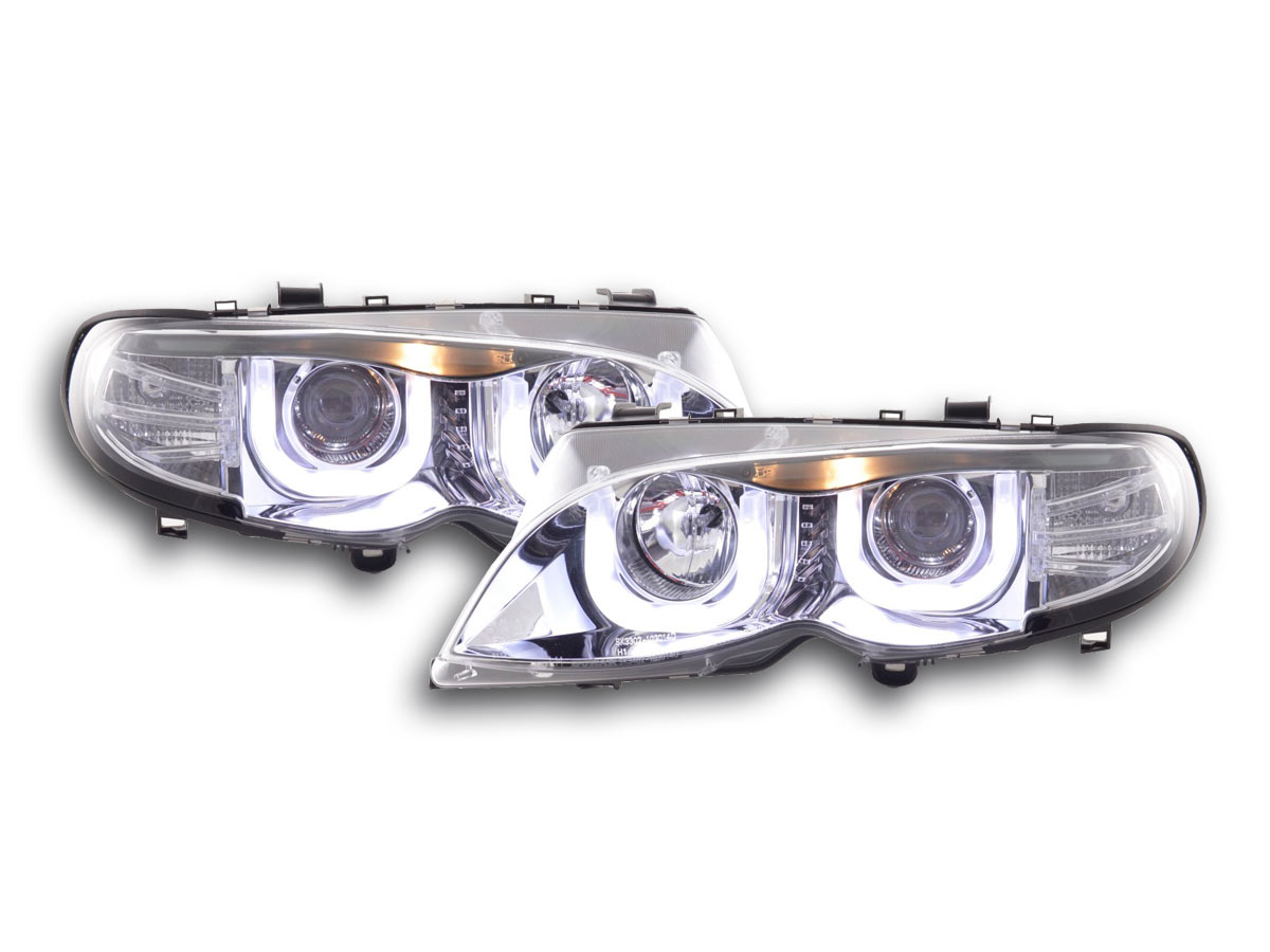 Phares angel eyes BMW Série 3 E46 Limo / Touring 02-05 chrome pour conduite à droite -