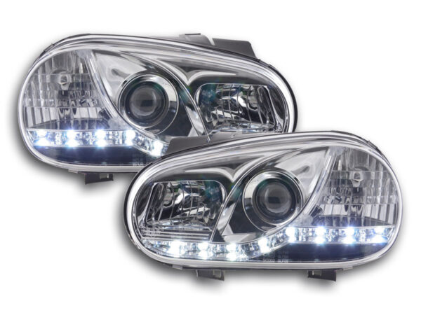Phare Daylight LED look DRL VW Golf 4 type 1J 98-03 chromé pour conduite à droite -