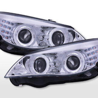 Phares Xénon Angel Eyes avec anneaux de feux de stationnement éclairés à LED BMW Série 5 E60/E61 2008-2010 chromé -